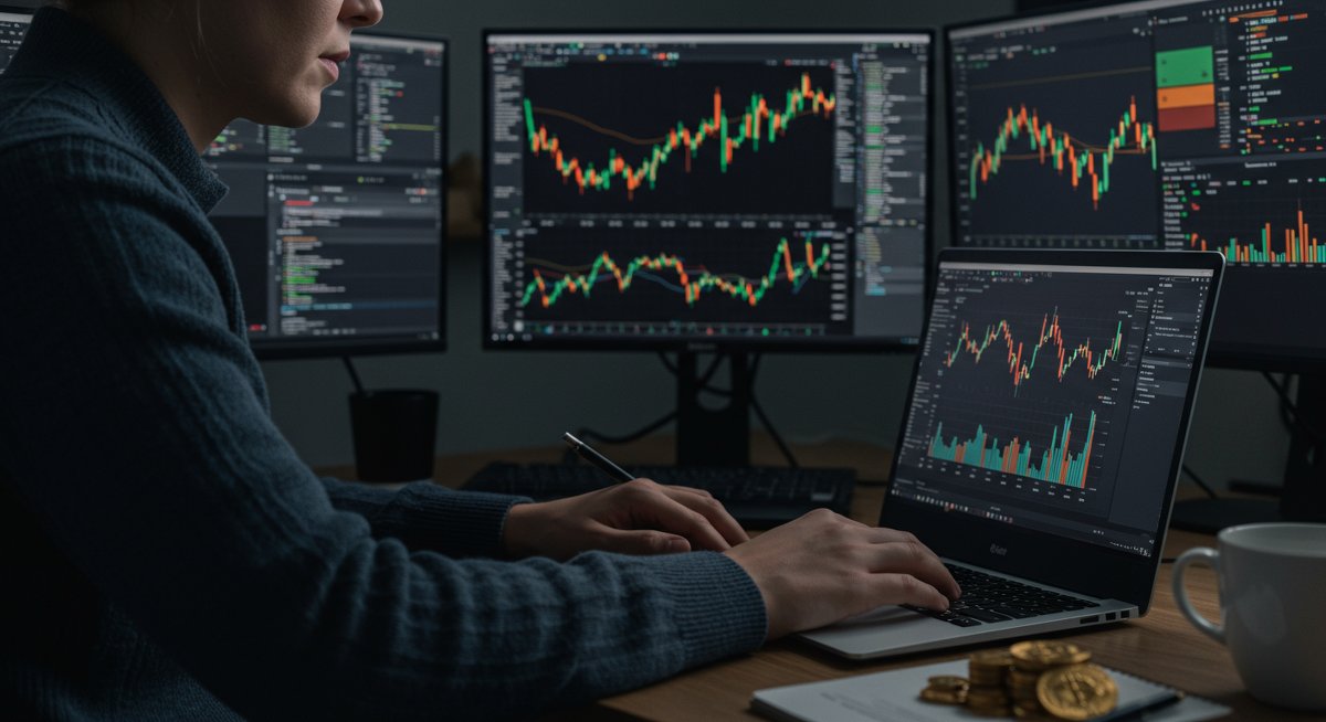 Crypto trader analyzing market data on computer monitors