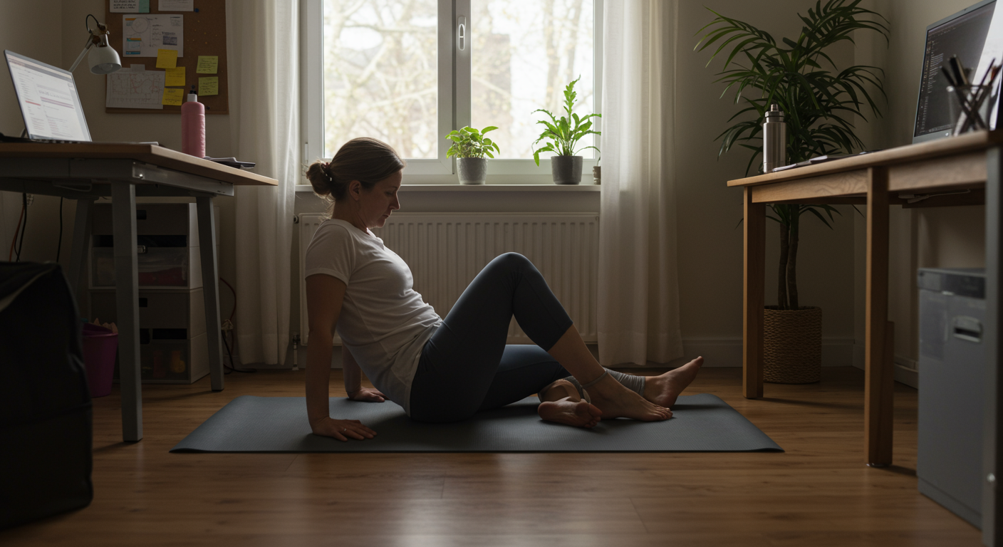 Desk worker doing a seated spinal twist yoga pose to combat desk fatigue in a home office. Natural light and a focused expression.