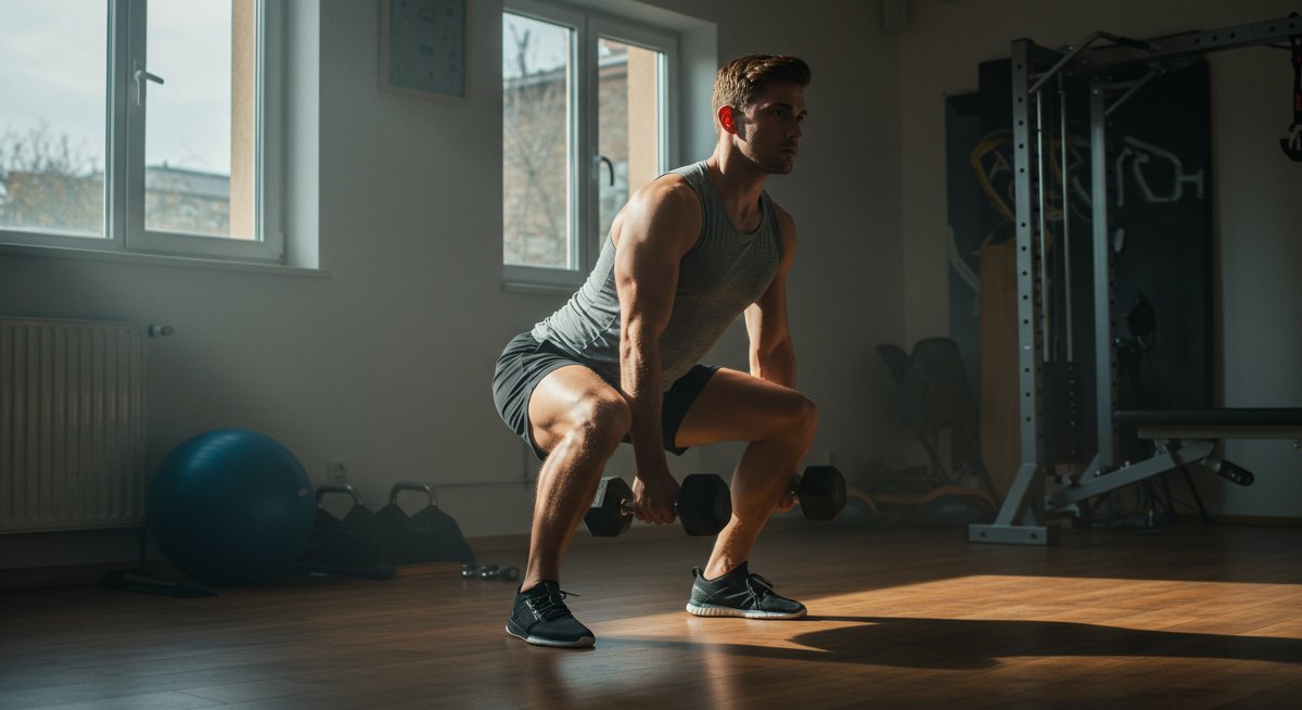 Person doing squats with dumbbells in home gym with natural lighting