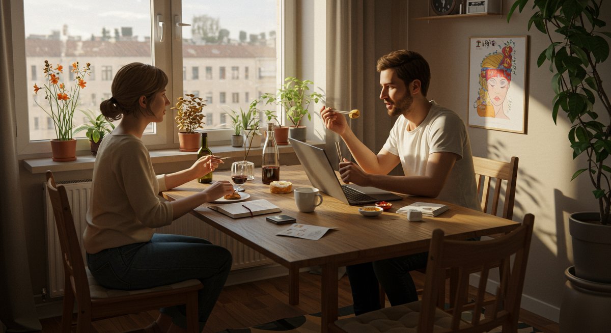 Digital nomads building community through shared experiences in a modern co-living space