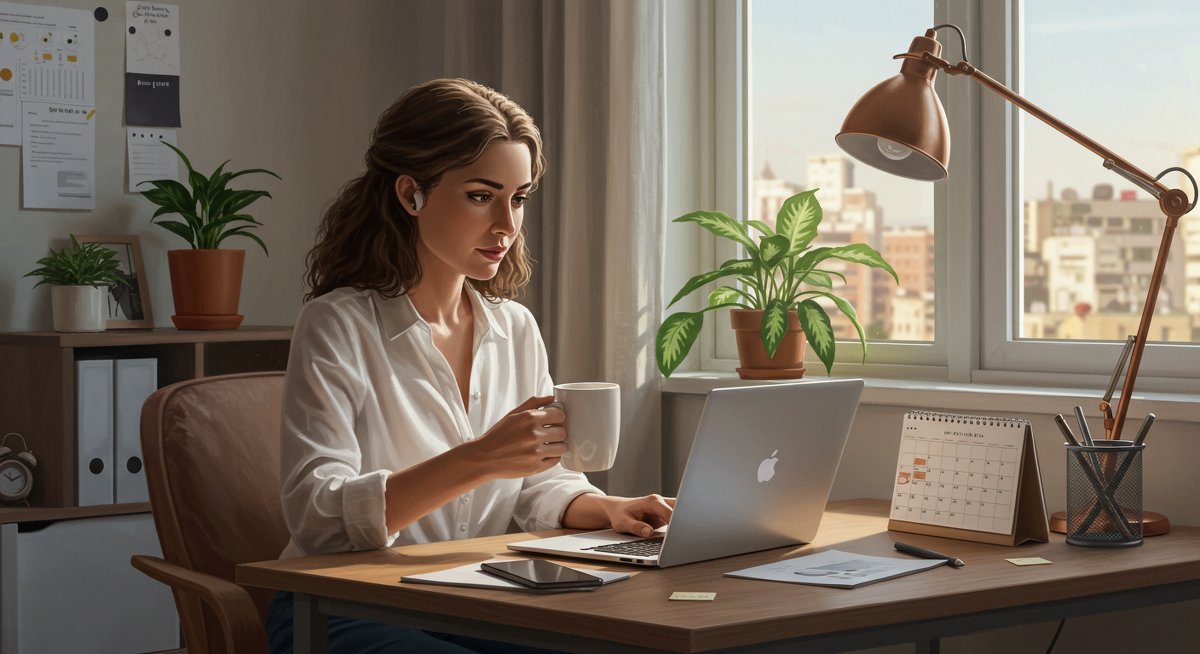 Confident woman in modern home office with ergonomic setup, plants, and time-blocking calendar, showcasing sustainable productivity and burnout prevention