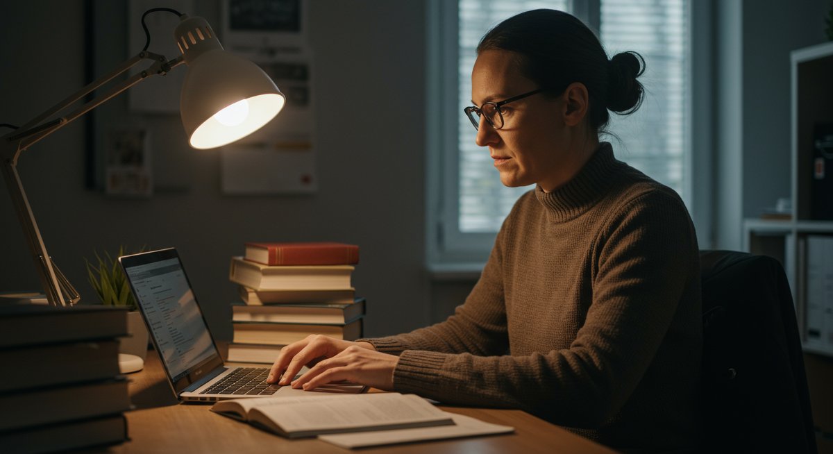 Adult learner mastering new skills through focused study and practical resources in a professional workspace