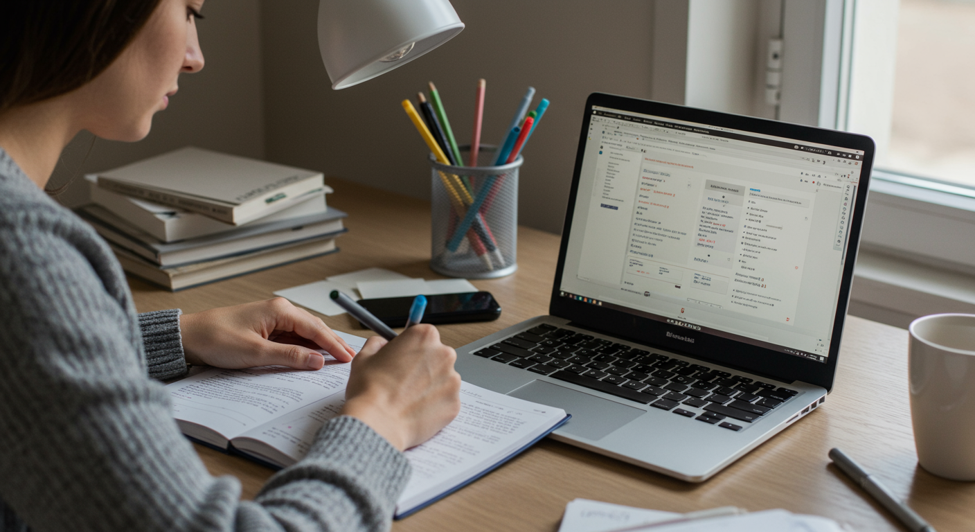 A student creating a study schedule with a laptop and planner, emphasizing time management and productivity.