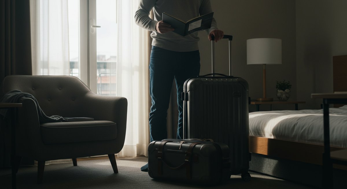 Minimalist travel essentials: a man reviewing a packing list on his tablet while standing by a packed suitcase in a tidy hotel room