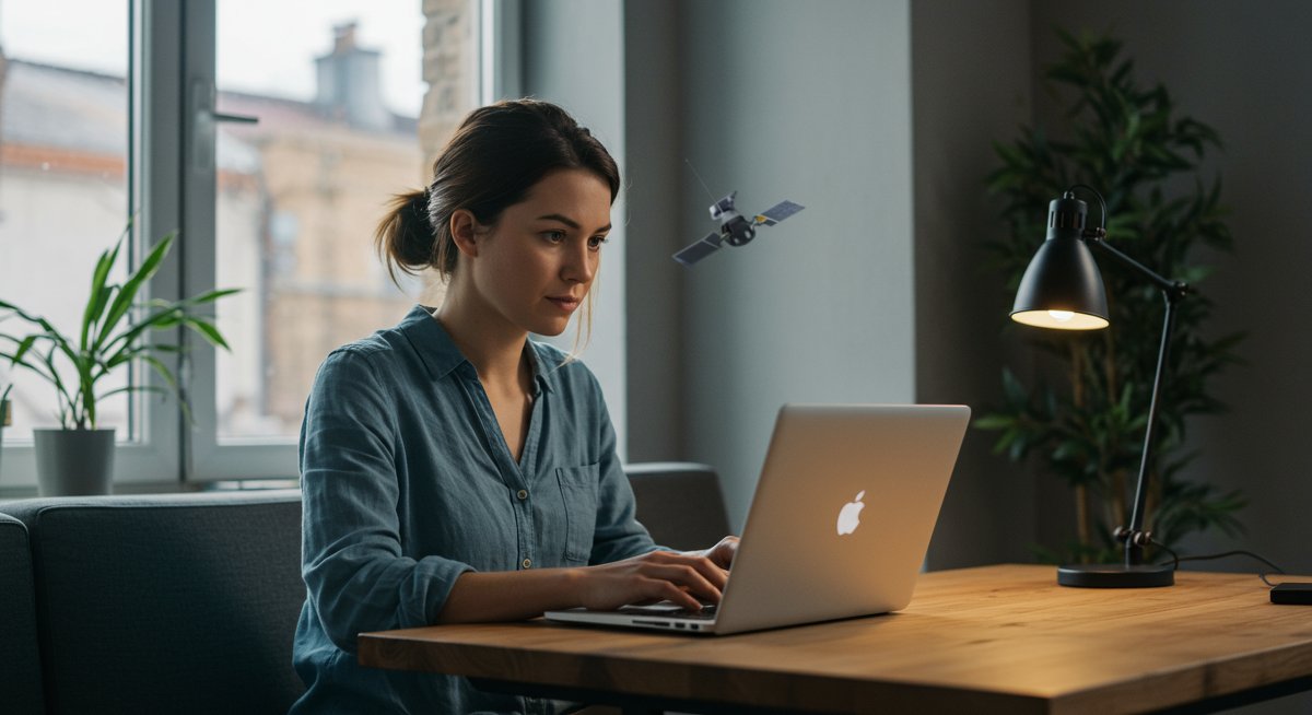 Experienced female digital nomad using satellite internet at a modern co-working space