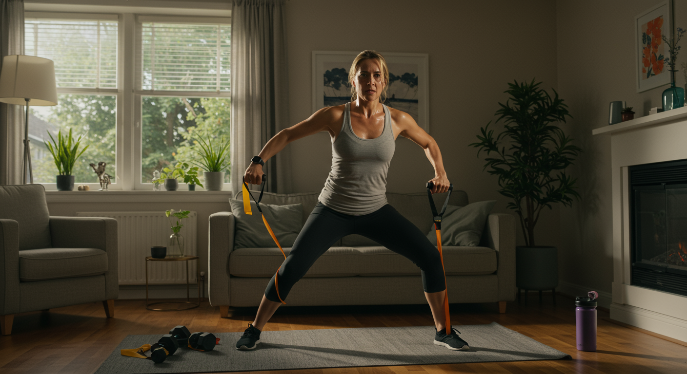 Busy parent doing a 10-minute HIIT workout at home, showing effort and determination.