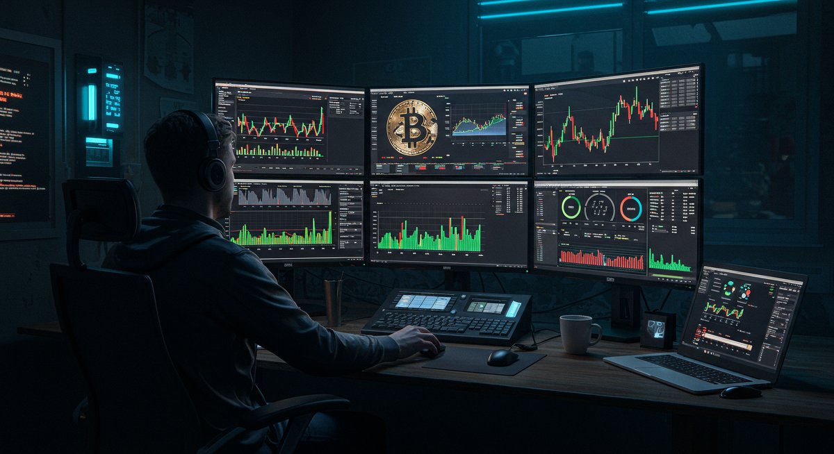 Bitcoin trading strategy with global market analysis, profit taking metrics, and crypto hardware wallets in neon-lit crypto lair