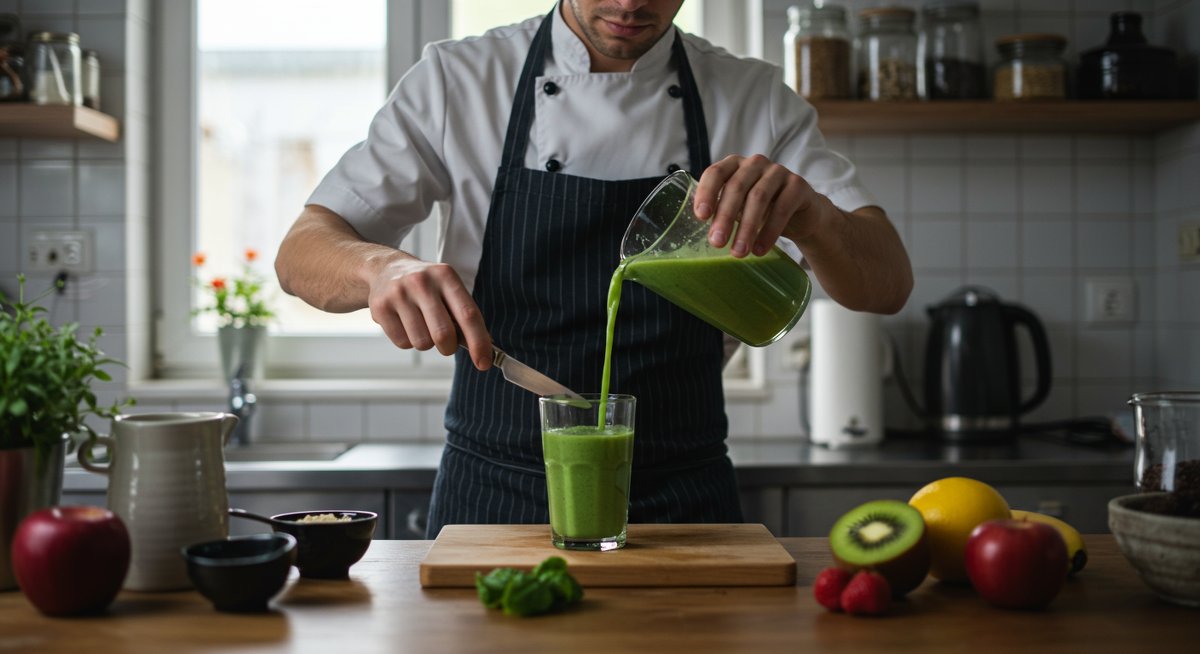 A male chef preparing a healthy breakfast with a vibrant green smoothie and fresh fruits in a well-lit kitchen.