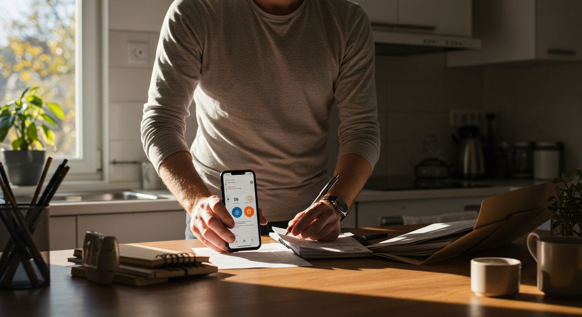 Minimalist finance illustration showing a man managing bills in a clean kitchen workspace with organized financial documents and digital tracking tools