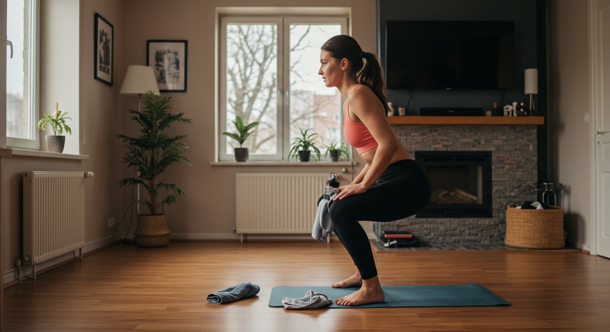 Intermediate woman doing jump squats in living room with water bottle and towel, bright natural lighting showing metabolism-boosting home workout