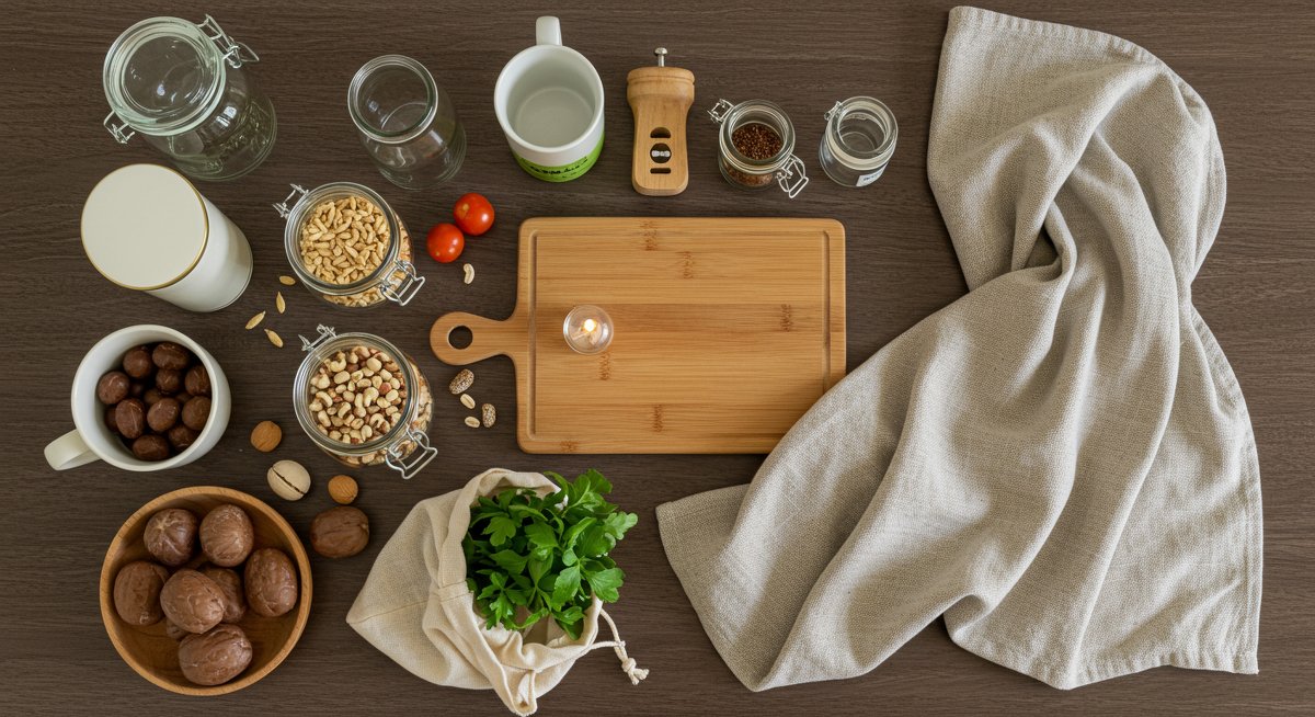 Zero-waste kitchen with reusable containers and natural storage solutions