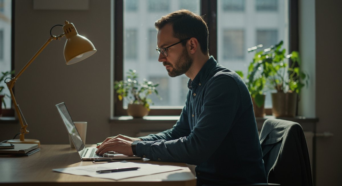 Digital nomad health guide illustration showing a man working from a modern co-working space with wellness-focused elements