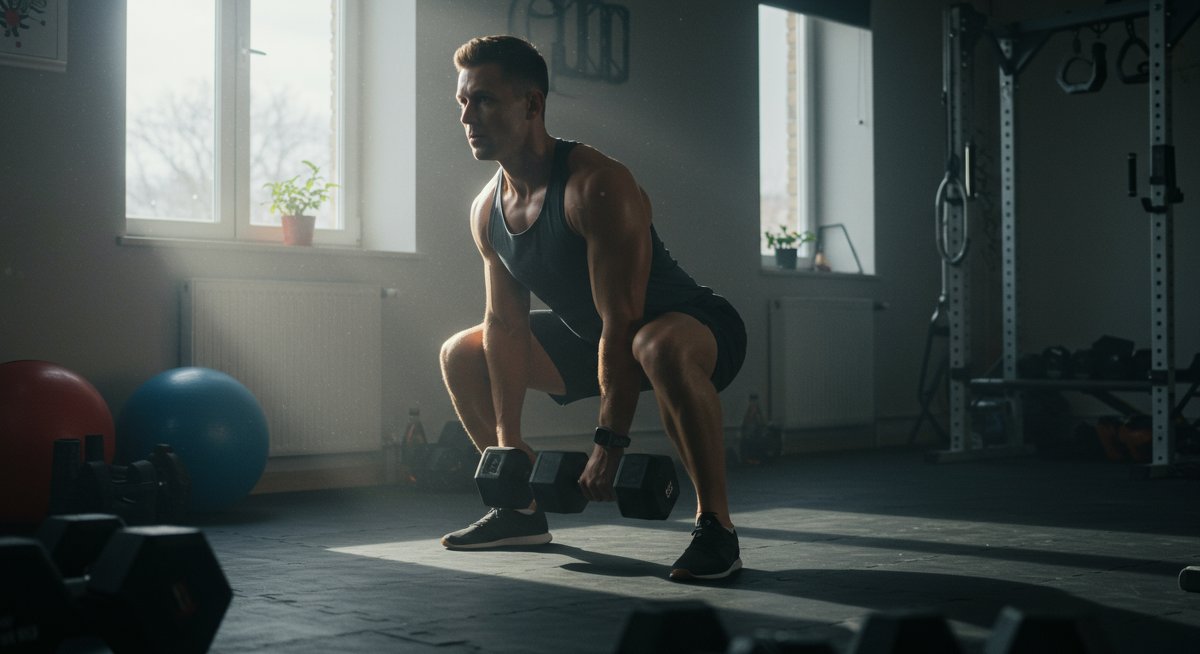 Person doing squats with dumbbells in home gym with natural lighting