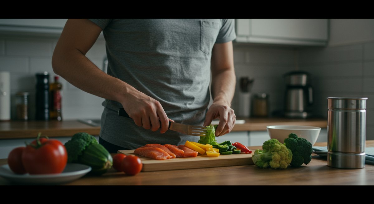 Healthy meal prep with vegetables and protein in kitchen