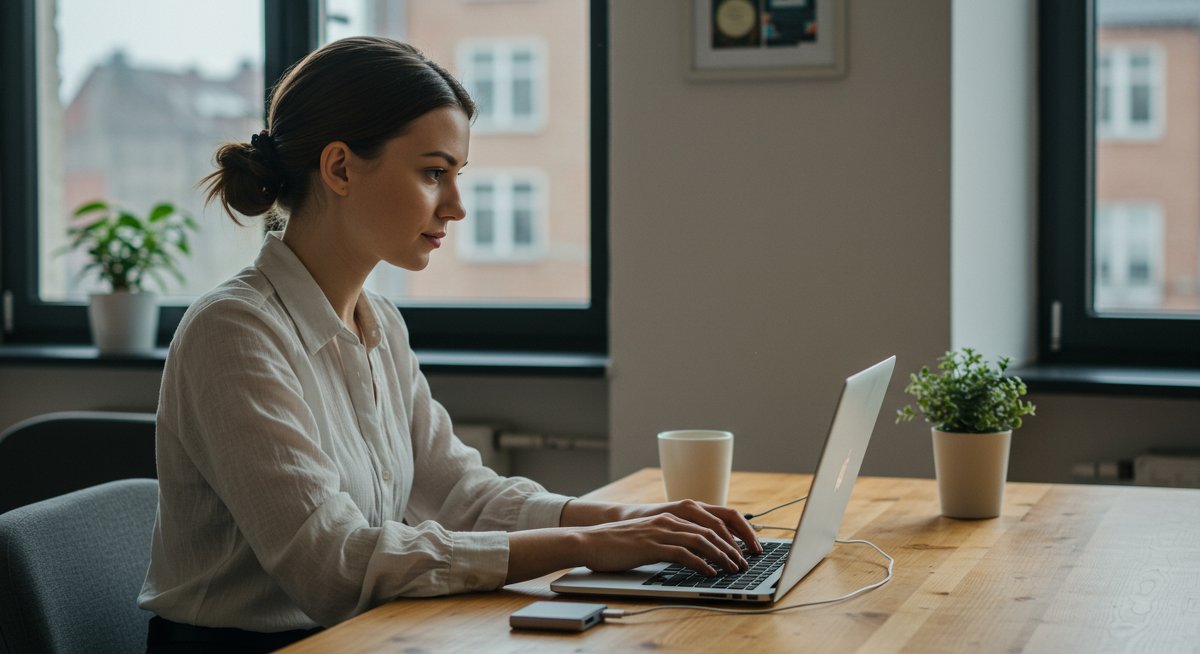 Digital nomad using portable power bank for remote work in modern co-working space