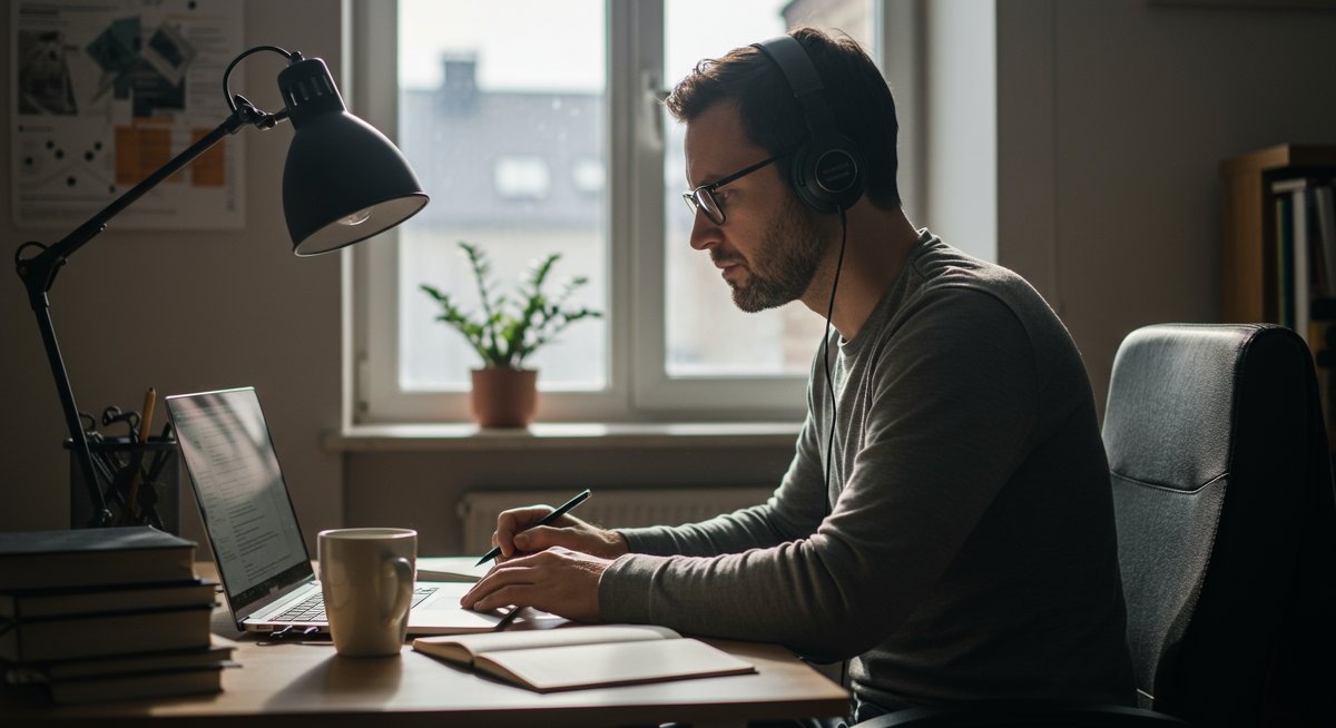 Adult male learner focused on skill acquisition in a modern home office with study materials and coffee