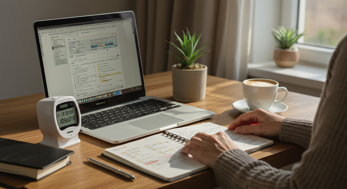 A person working at a desk with a laptop, coffee, and a Pomodoro timer, highlighting effective time management for productivity beginners.