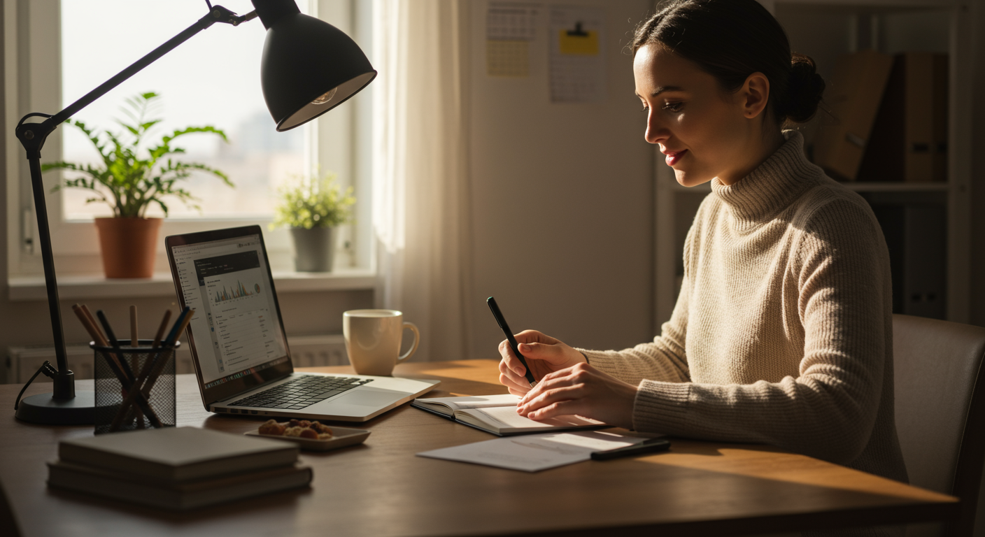 A confident professional working in a minimalist home office, utilizing a Pomodoro timer for focused work, and achieving successful task completion.