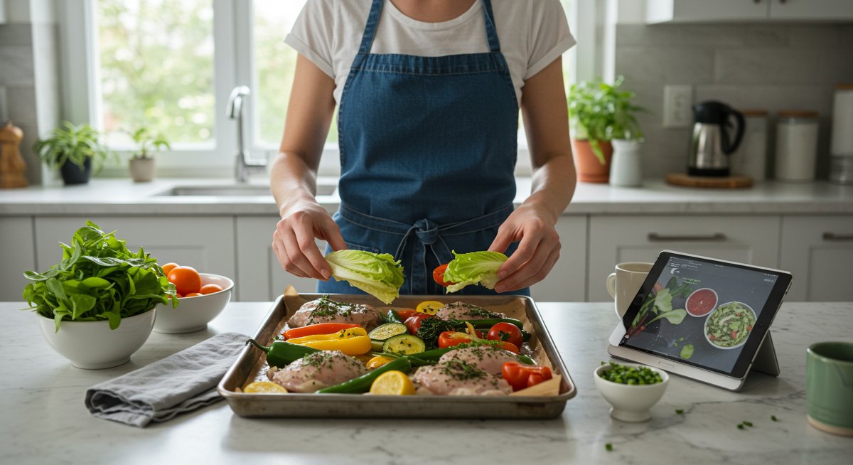 Sheet pan dinner recipe featuring colorful vegetables, chicken, and herbs arranged on a baking sheet with natural light highlighting the fresh ingredients