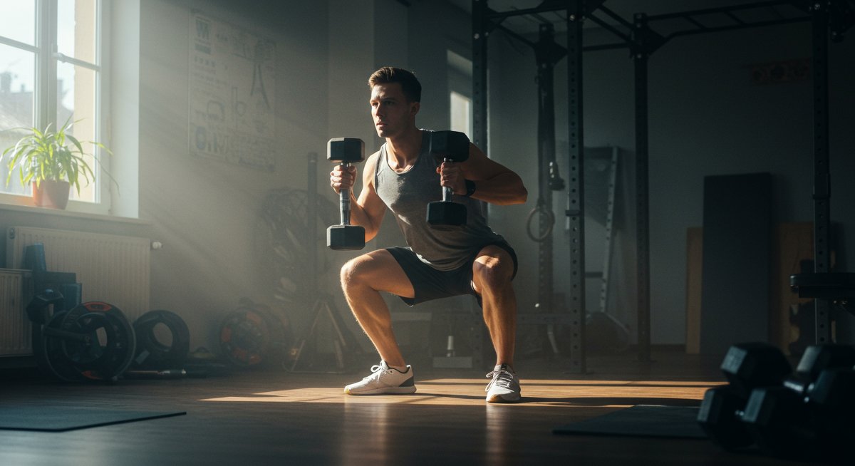 Person doing squats with dumbbells in home gym with natural lighting