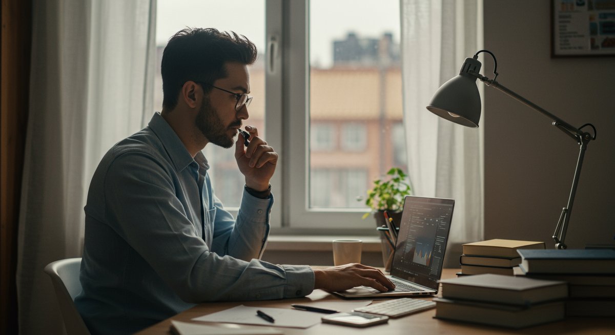 Experienced minimalist professional managing finances in organized workspace