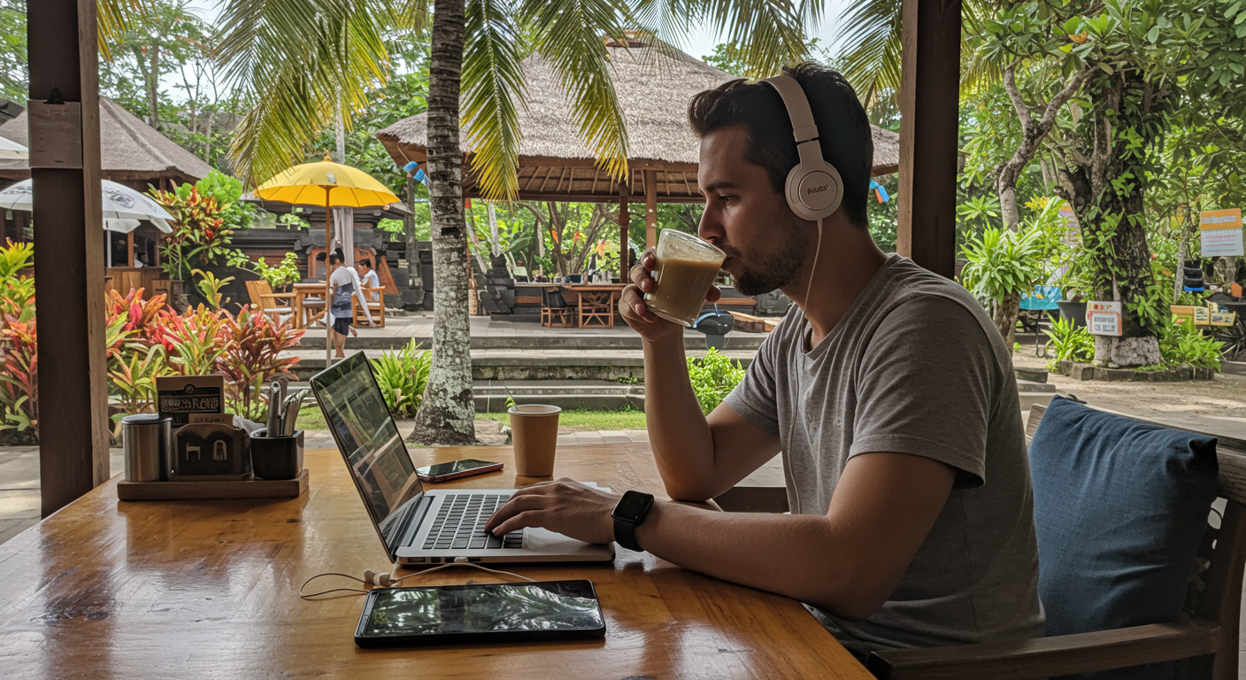 A digital nomad working remotely from a tropical cafe in Bali, focused on mental wellbeing, with a laptop, noise-canceling headphones, and a coffee cup.