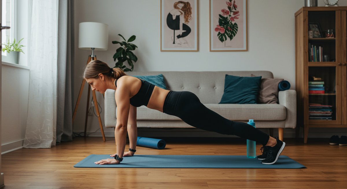 Intermediate woman doing core workout with bodyweight exercises at home, front plank with leg lifts, natural lighting, modern living room setting