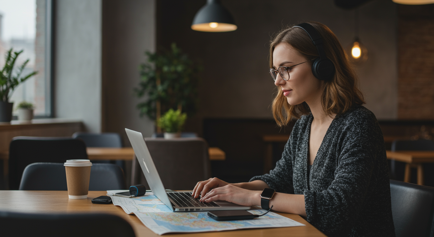 Woman working on laptop in co-working space, emphasizing internet connectivity for digital nomads