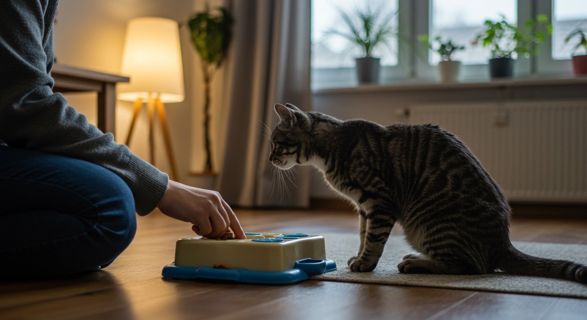 Experienced cat owner training their pet with interactive toys to address behavioral issues, showcasing practical solutions for common cat behavior problems