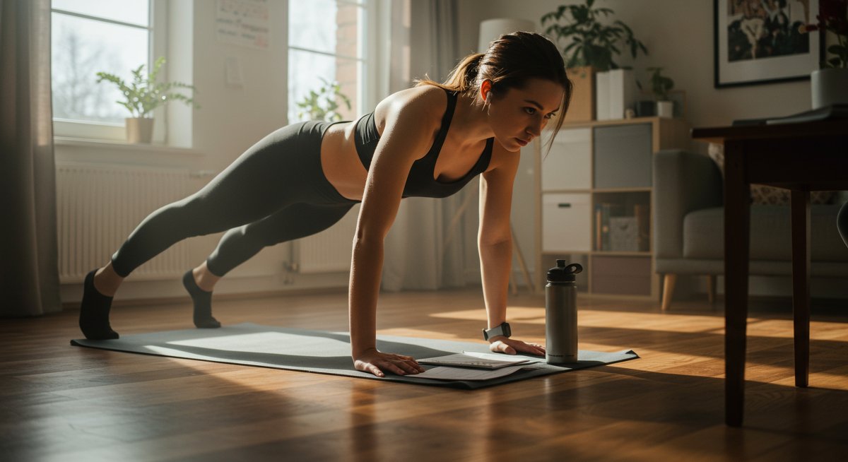 Student building home workout consistency with HIIT exercise, modern dorm room setup, weekly schedule planner, and fitness essentials
