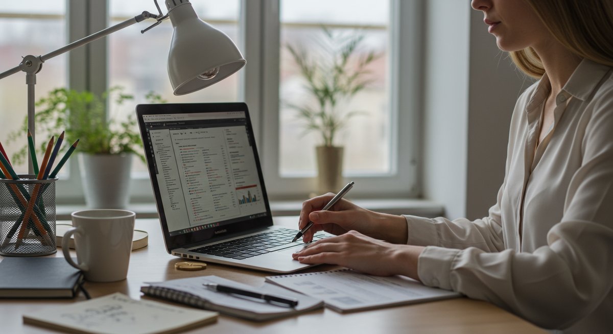 Digital nomad budgeting guide illustration: woman focused on financial planning with laptop, notebook, and calculator in modern workspace