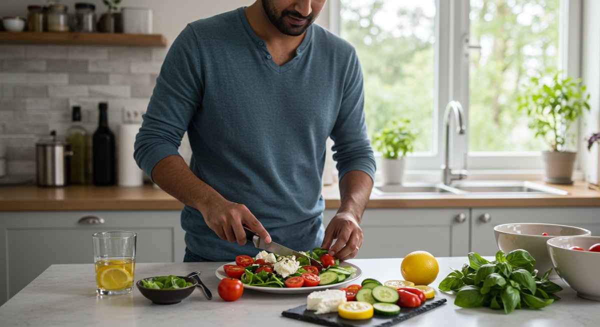 Healthy summer salad with fresh vegetables, feta, and herbs prepared in a sunny kitchen