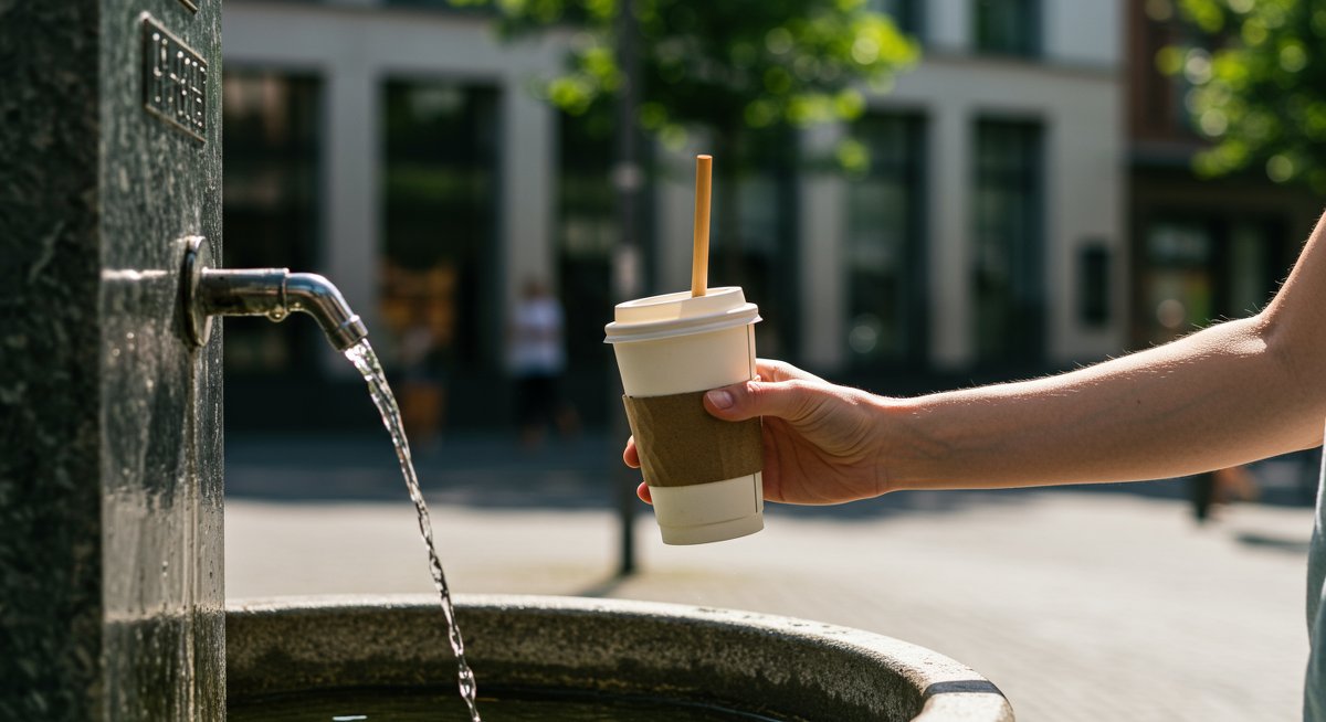Eco-friendly summer swap: reusable coffee cup refilling at public fountain with bamboo straw in urban setting