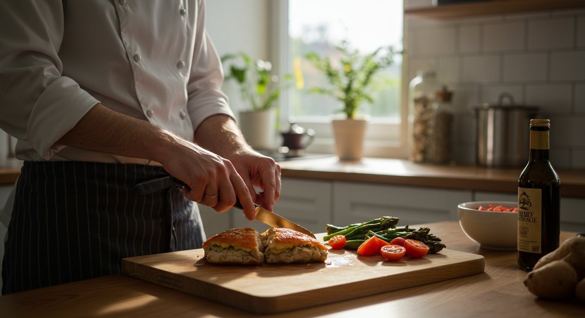 High-protein lunch preparation with chicken and vegetables in modern kitchen