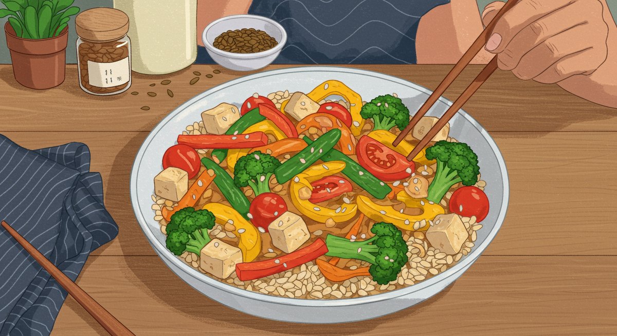 Professional illustration of easy vegan dinner recipe featuring stir-fry with tofu and vegetables, ideal for new vegans seeking simple plant-based meal ideas