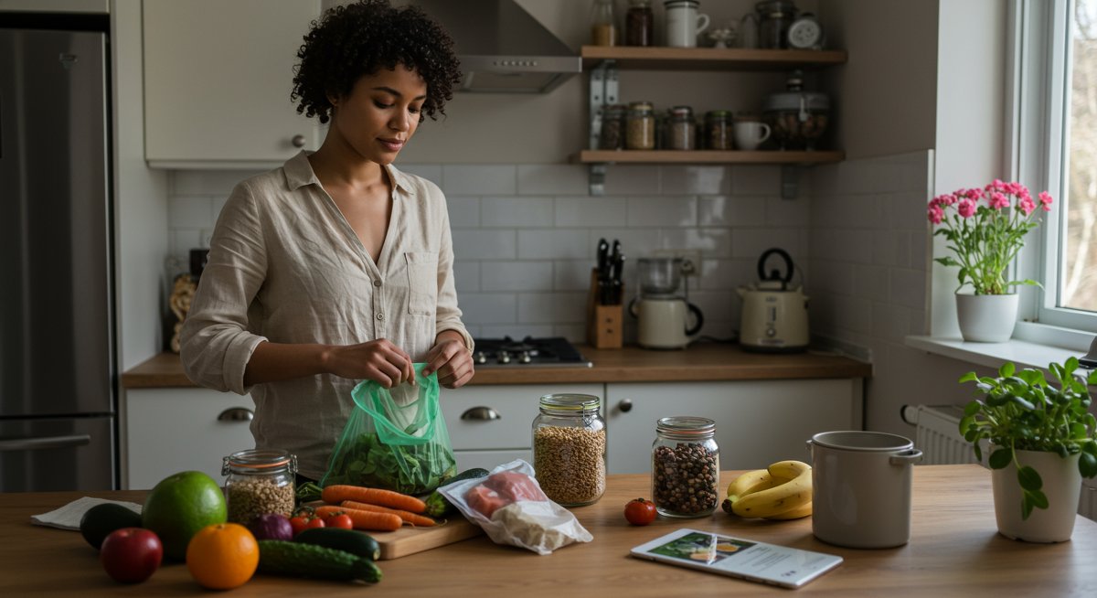 Zero-waste meal planning: Woman organizing fresh produce and bulk grains in eco-friendly kitchen with compost bin and digital meal plan