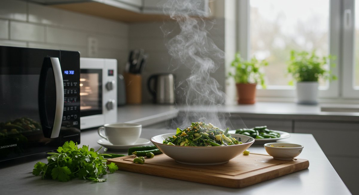 Professional microwave recipe photography showing a healthy veggie stir-fry meal being prepared in a modern kitchen with natural lighting