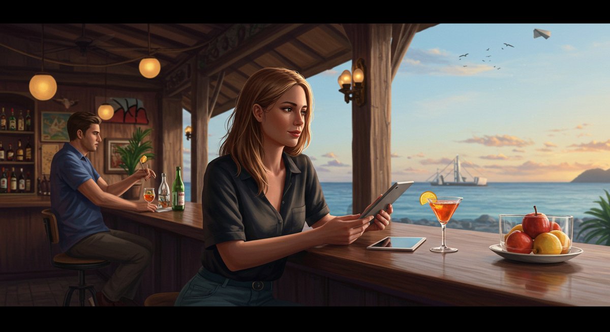 Frequent flyer using tablet to track travel rewards in stylish hotel bar setting