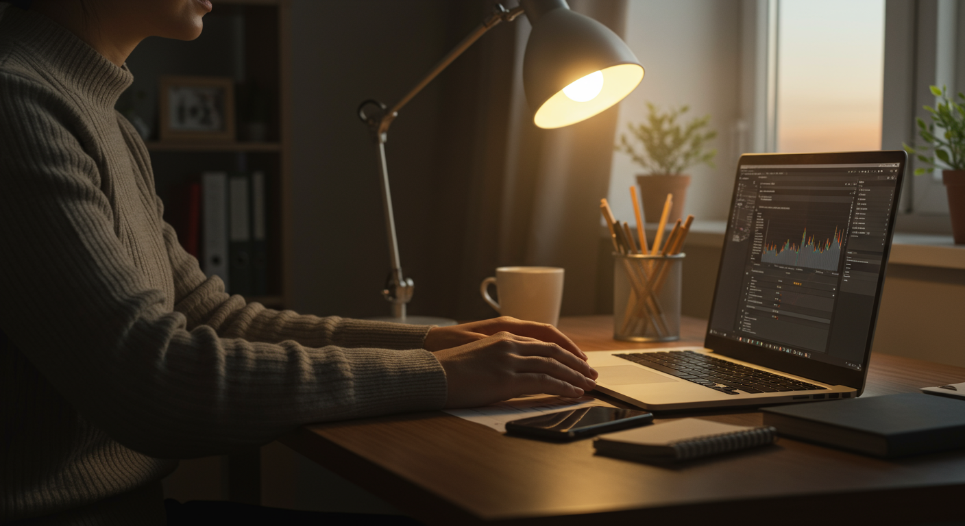 A professional enjoying work-life balance after a productive workday, showing an organized workspace with natural lighting.
