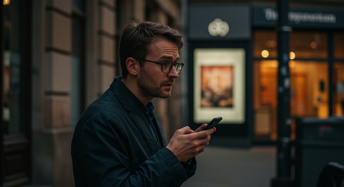 Traveler checking surroundings for lost wallet with phone, urban environment