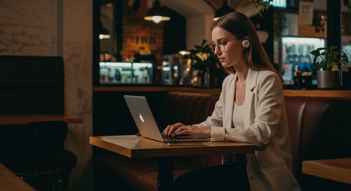 Digital nomad woman using laptop with strong Wi-Fi signal in modern café, emphasizing fast and reliable internet for remote work