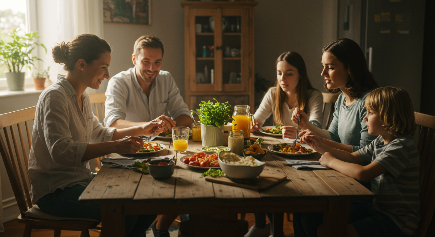 A family enjoying a delicious and colorful vegan meal together at a dining table in their home. The image emphasizes the joy of sharing plant-based food.