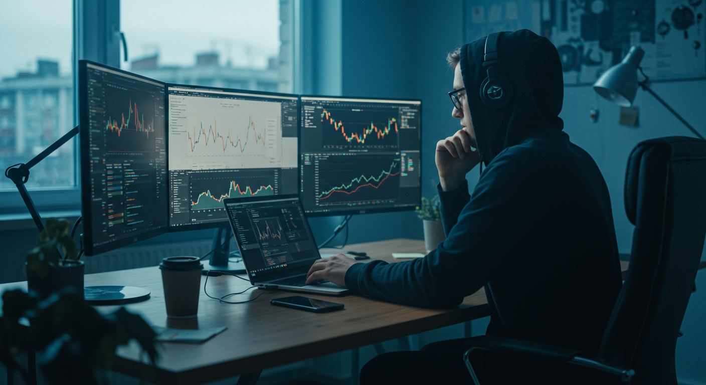 A photo of an experienced trader in a modern co-working space, using a laptop and dual monitors to analyze cryptocurrency charts. The trader is focused on a Monero (XMR) swap, with a natural and professional aesthetic.