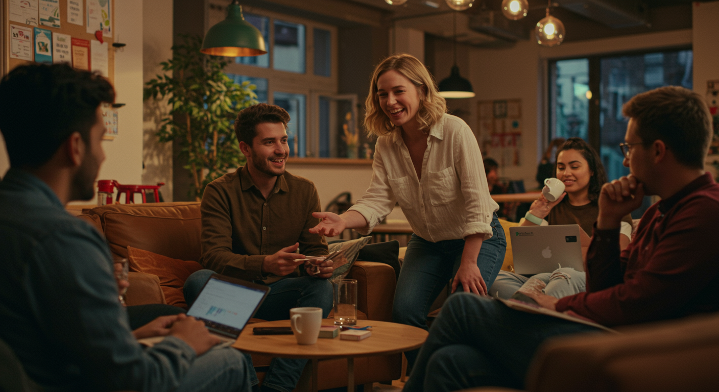 Digital nomad woman connecting with other residents in a co-living space, building community and friendships.