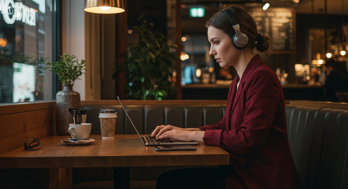 Digital nomad cybersecurity infographic showing secure work practices in a café setting