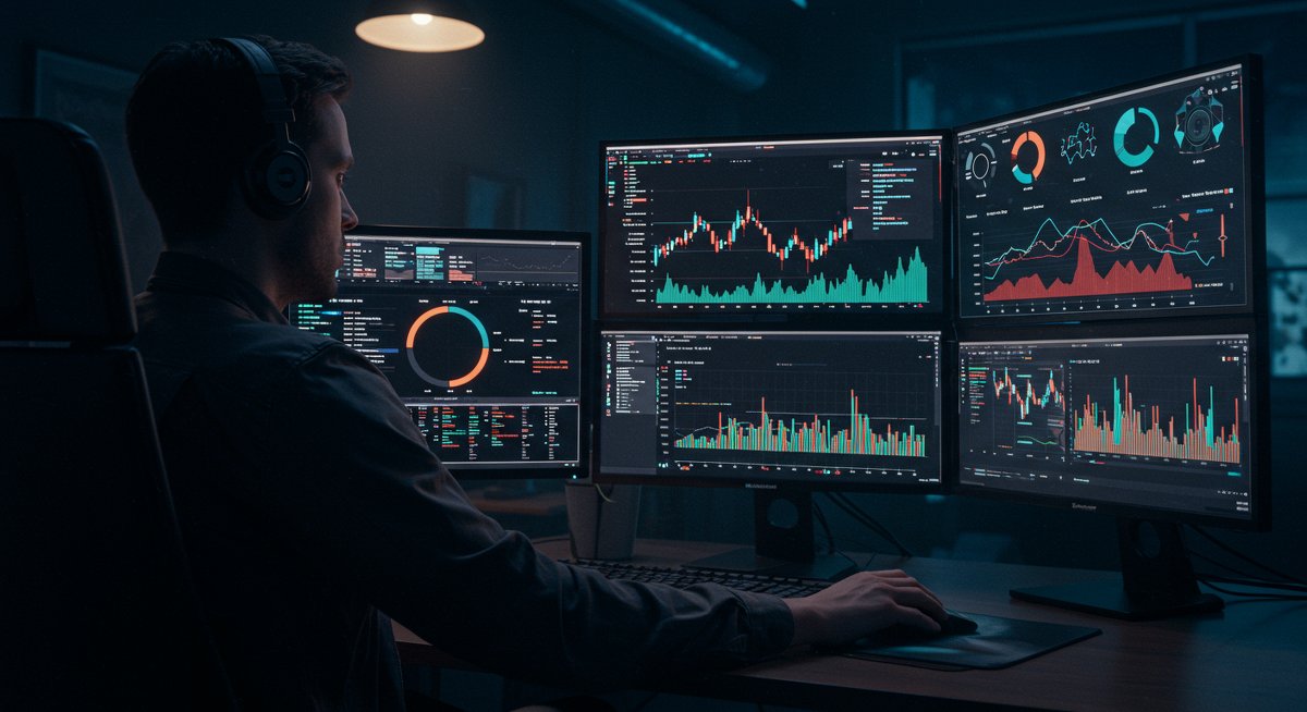 Crypto trader analyzing global market data and tax implications on dual monitors in dark room