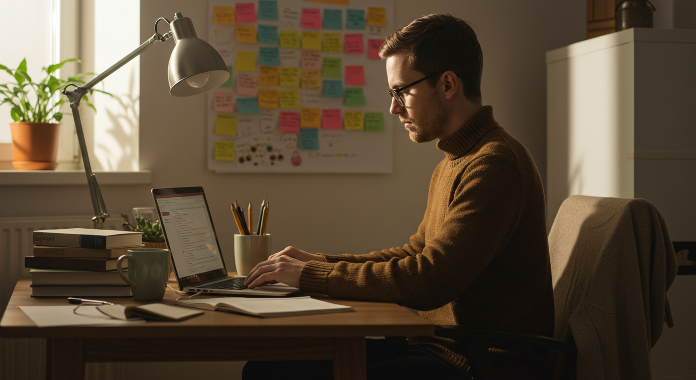 Self-learner focused on rapid skill acquisition in a home office. Laptop, textbooks, and sticky notes visible, emphasizing learning and progress.