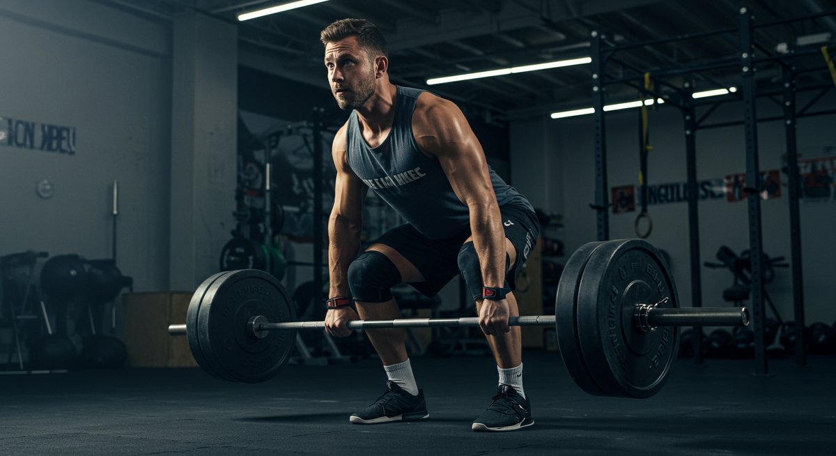 Athlete doing deadlifts in commercial gym with focus and intensity
