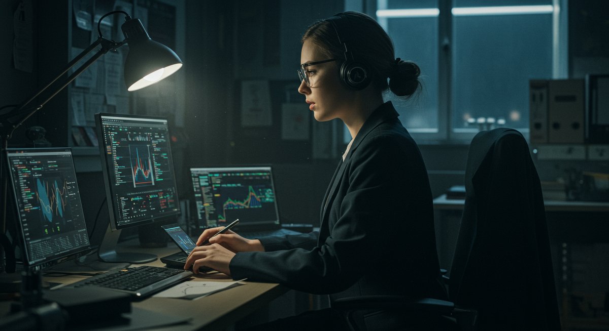 Crypto privacy expert analyzing Monero transactions in secure workspace with encrypted devices