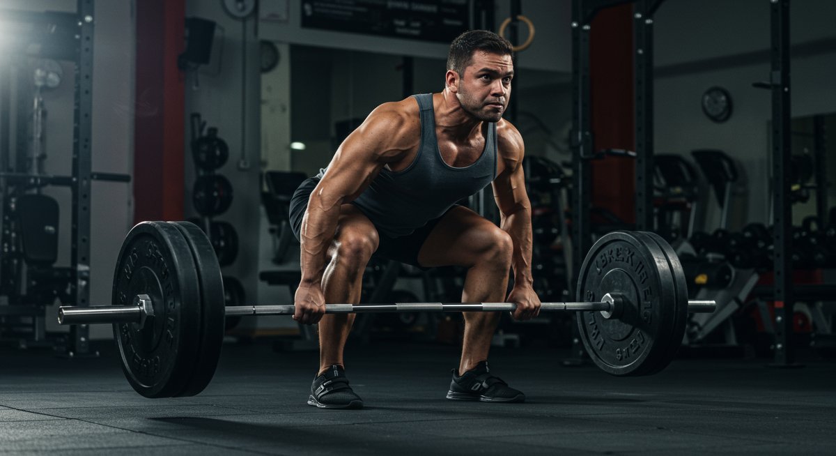 Athlete doing deadlifts in gym with focus and proper form